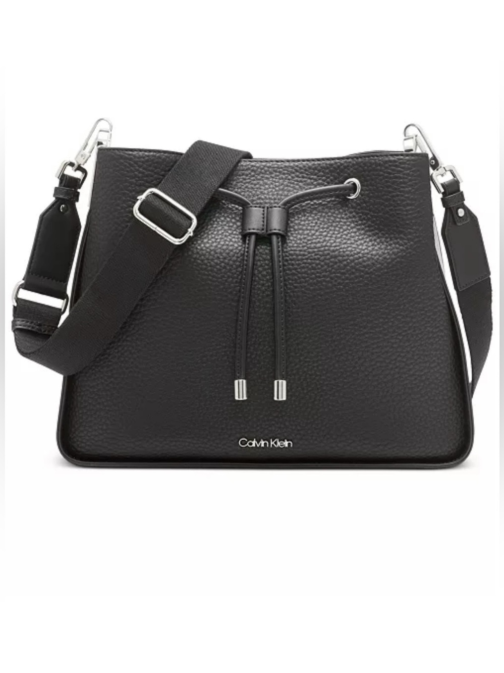 Calvin Klein Black Pebbled Fay Drawstring Hobo with Adjustable Strap